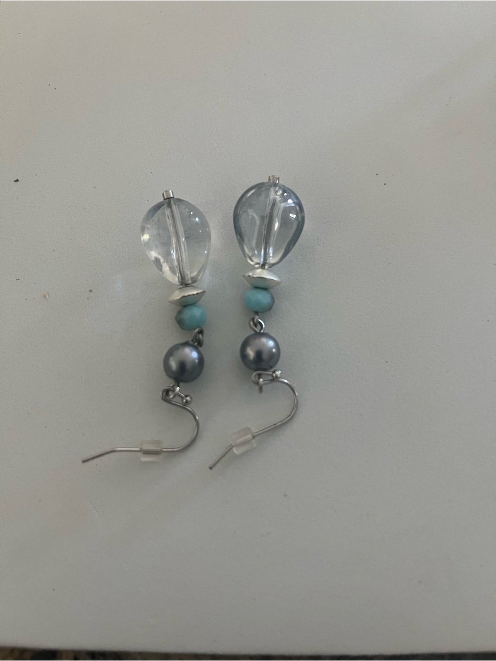 Chico's Clear Teardrop Earrings with Gray Pearls and Aqua Beads - Picture 2 of 2
